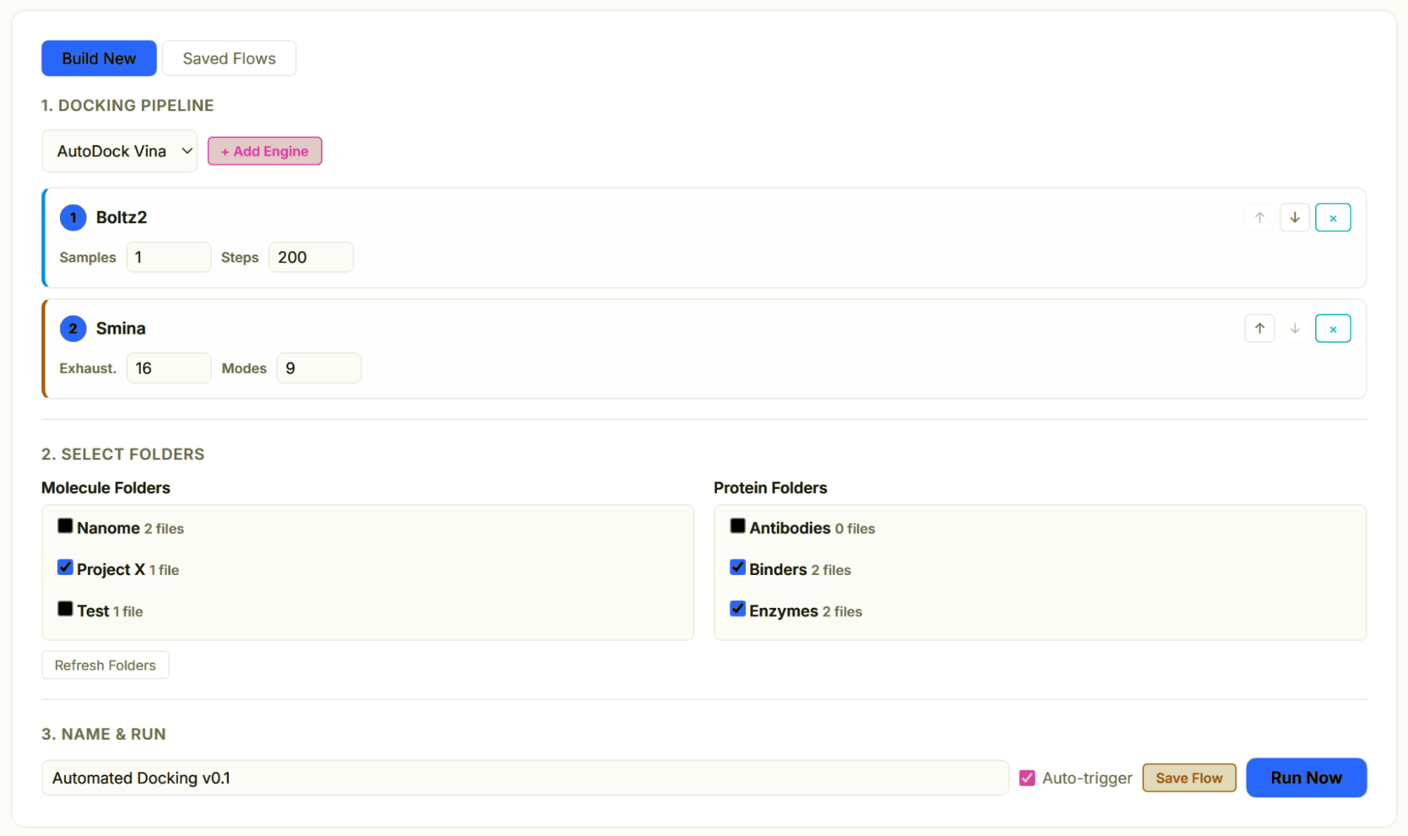 Automated docking pipeline UI showing Boltz2, Smina, molecule and protein folder selection