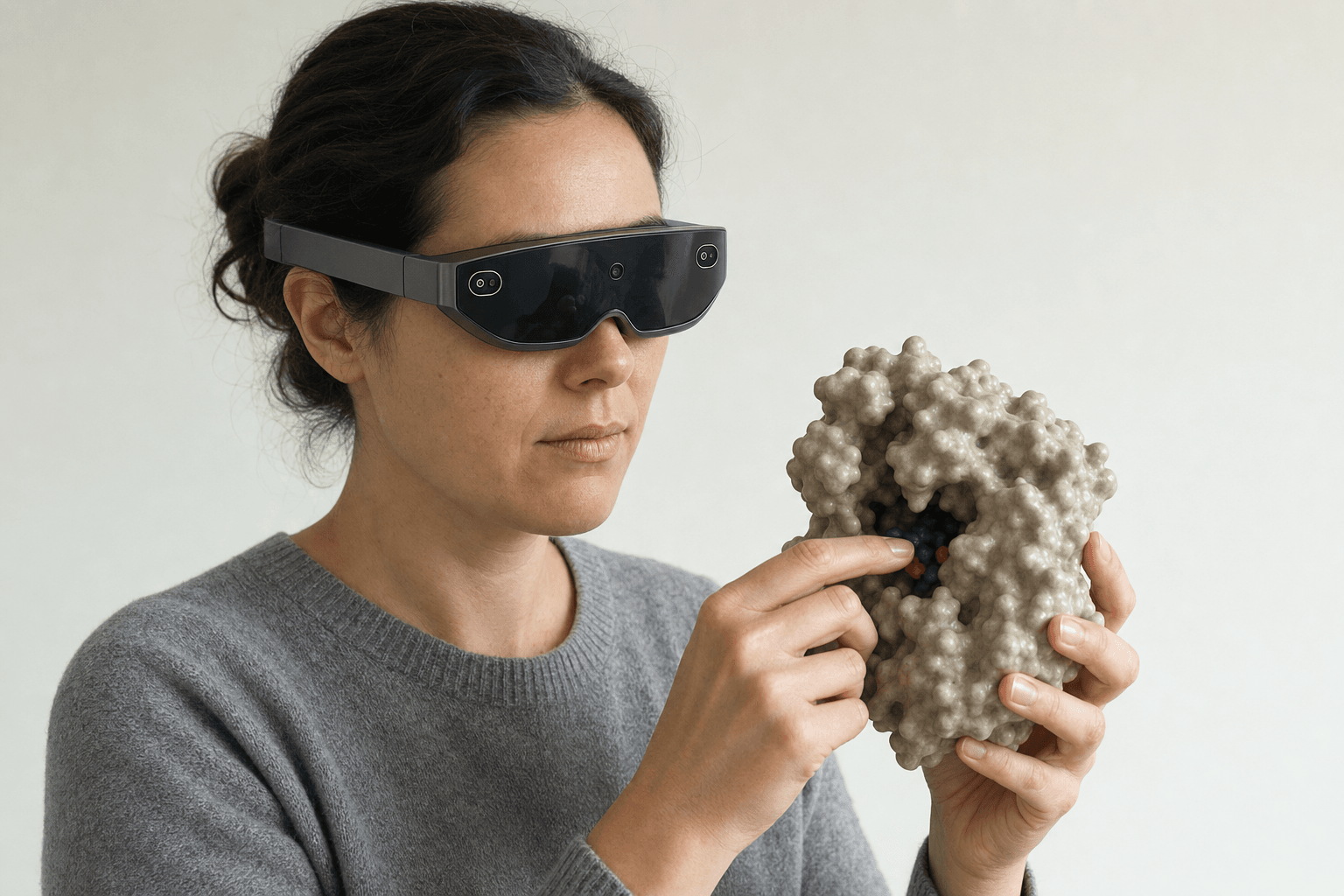 A researcher wearing an ultra-thin VR headset studies a solid protein surface model with a visible binding pocket held close to the chest