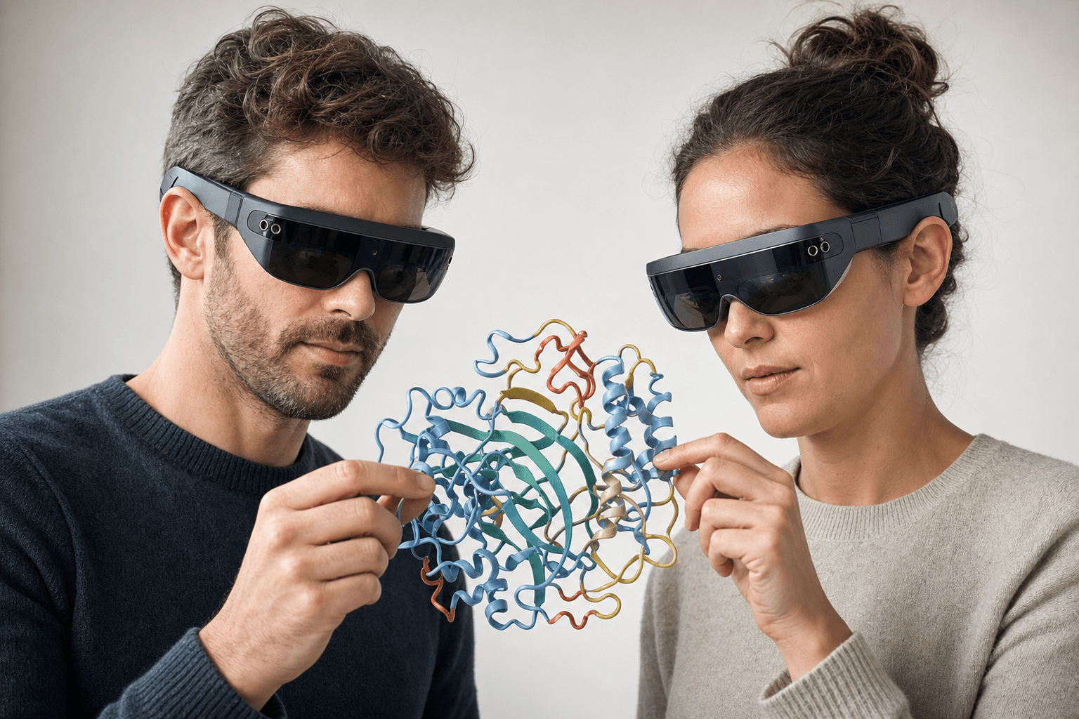 Two colleagues wearing ultra-thin VR headsets examine the same ribbon-cartoon protein structure floating between them