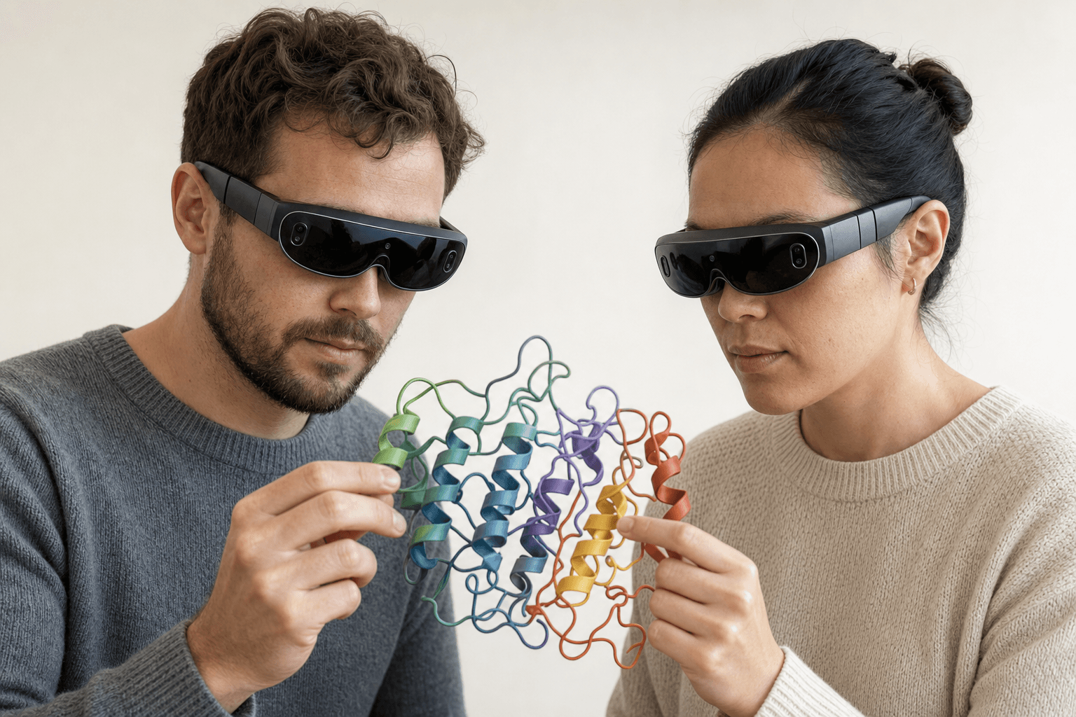 Two colleagues wearing ultra-thin VR headsets examine the same ribbon-cartoon protein structure floating between them