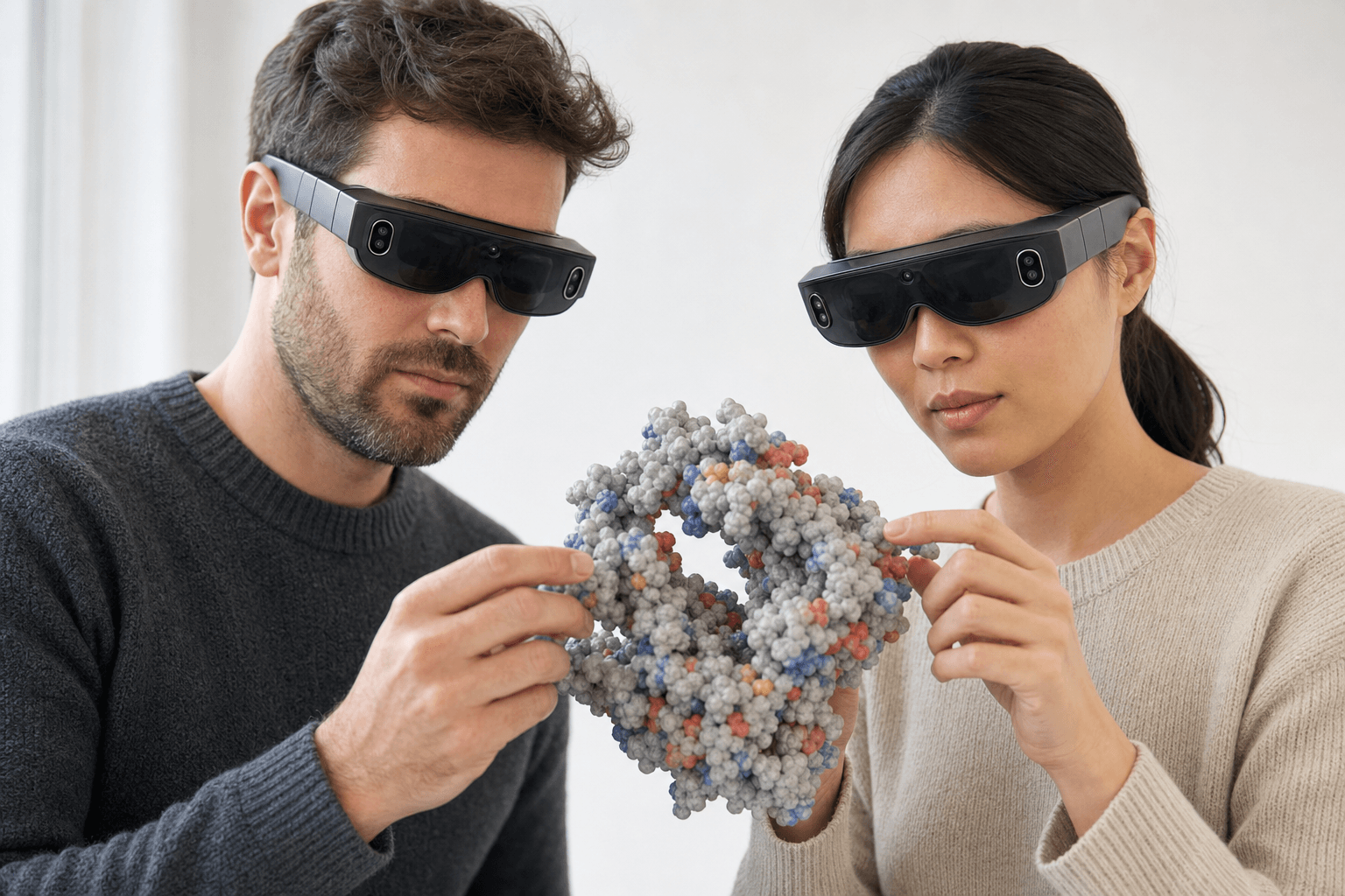 Two colleagues wearing ultra-thin VR headsets examine the same space-filling protein model floating between them