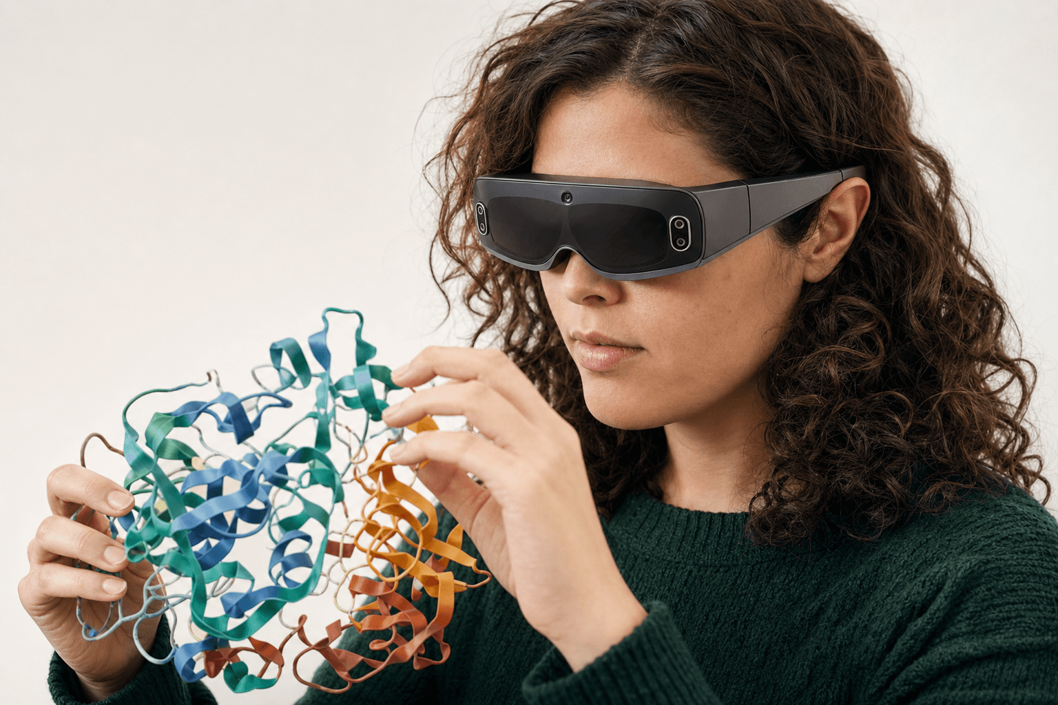 A researcher wearing an ultra-thin VR headset studies a ribbon-cartoon protein structure held close to the chest