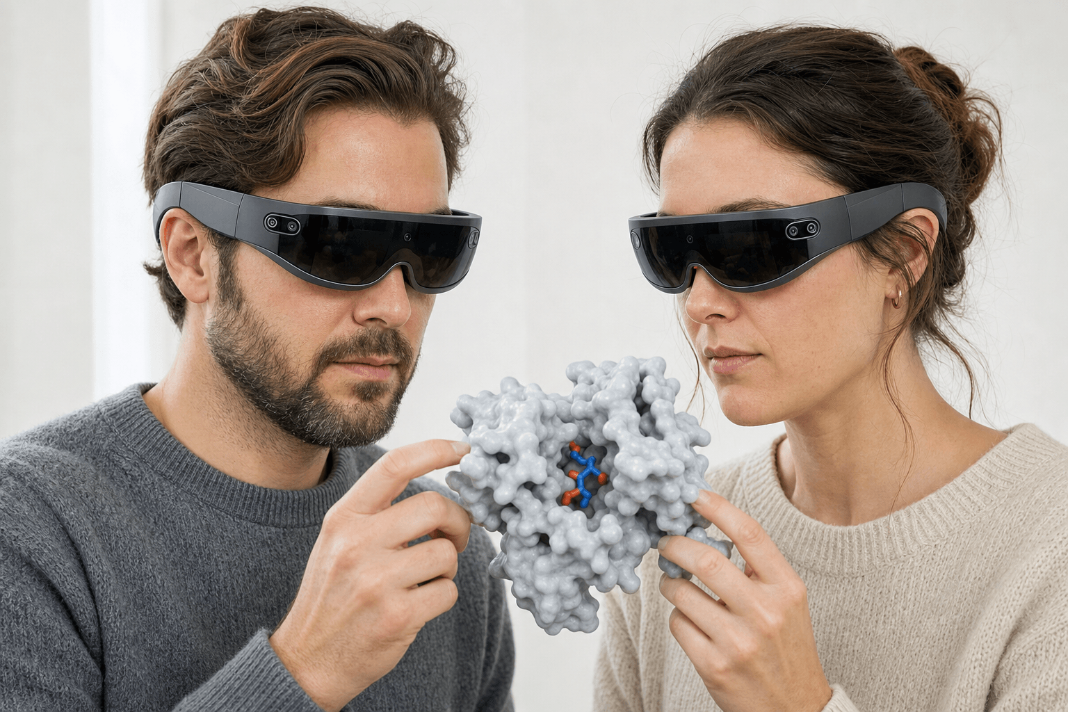 Two colleagues wearing ultra-thin VR headsets examine the same solid protein surface model with a small ligand visible in its binding pocket floating between them