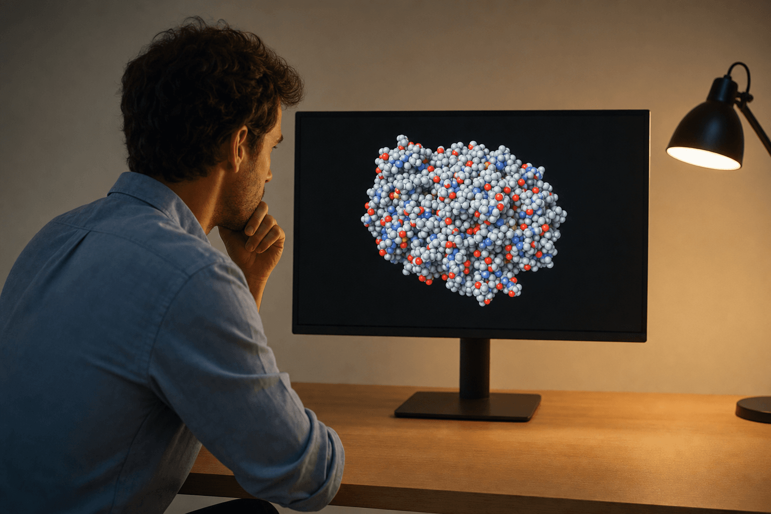 A researcher studies a space-filling protein structure on a large monitor in a quiet, uncluttered workspace.