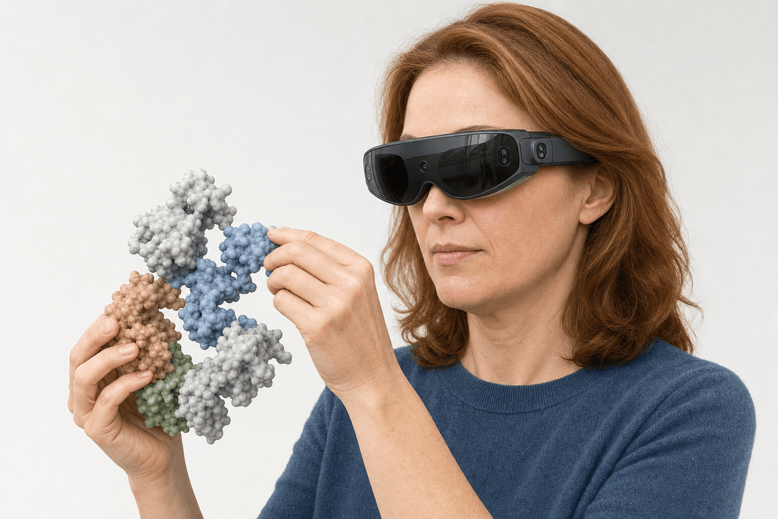 A researcher wearing an ultra-thin VR headset studies a antibody-antigen complex rendered as a solid molecular surface held close to the chest