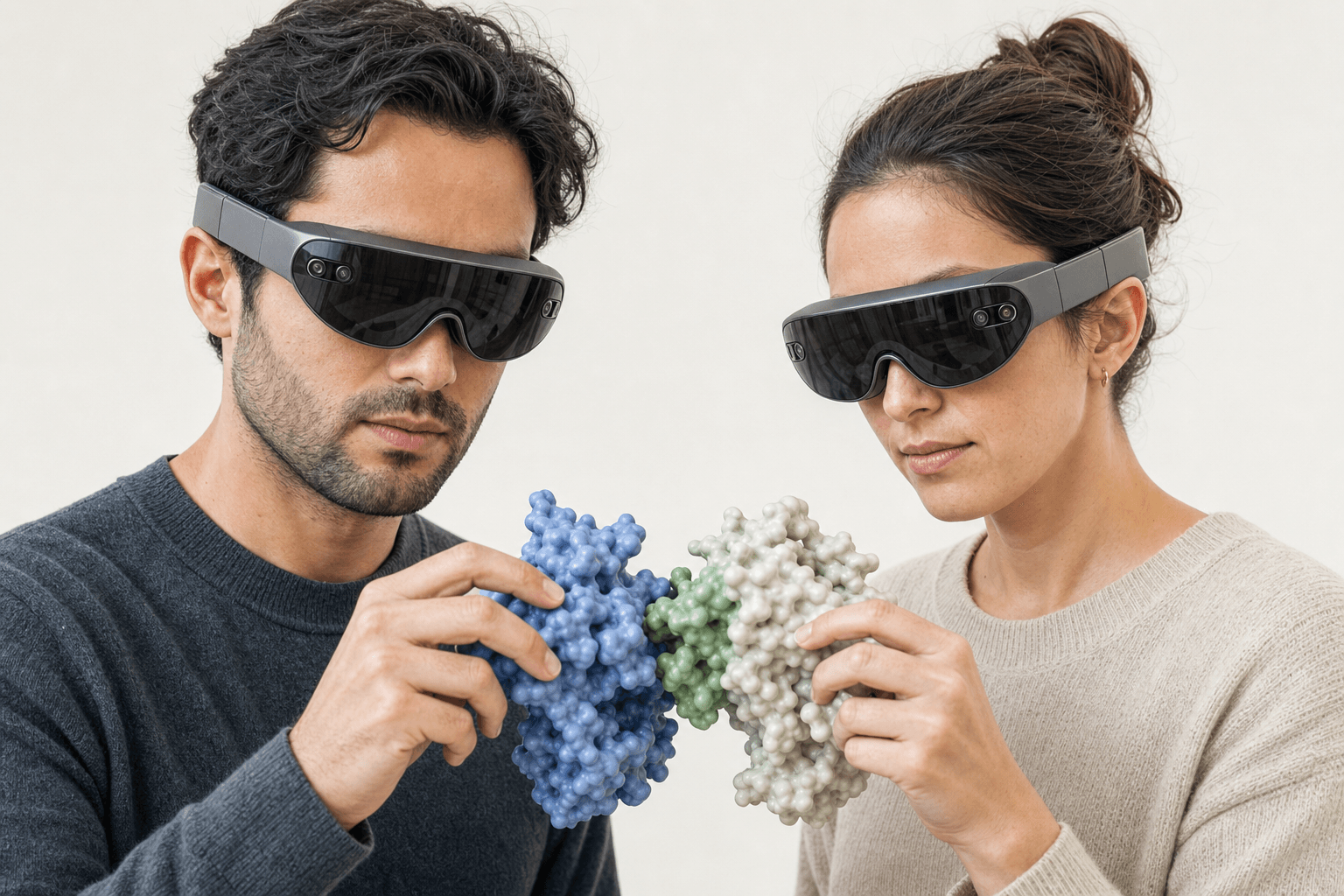 Two colleagues wearing ultra-thin VR headsets examine the same antibody-antigen complex rendered as a solid molecular surface floating between them