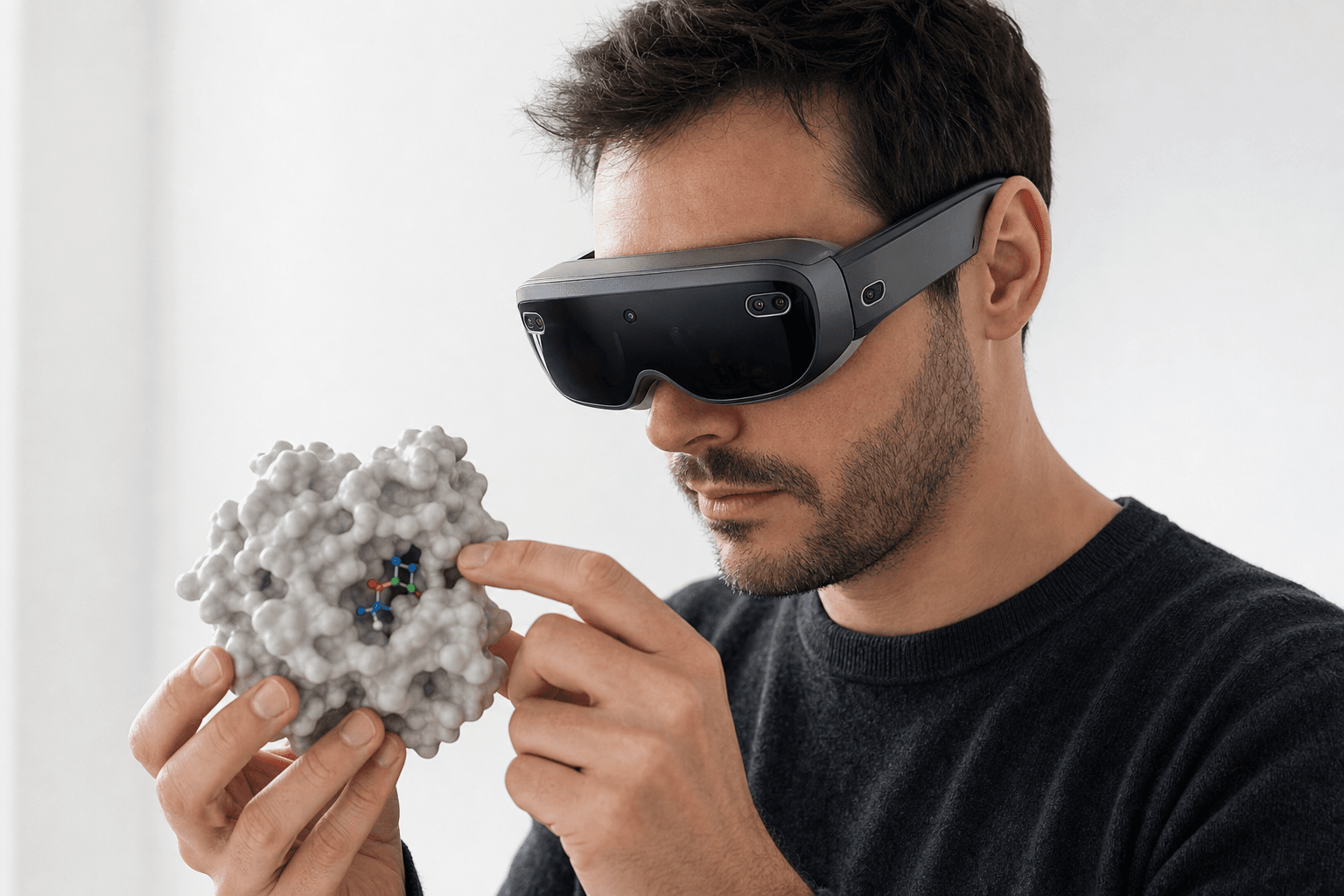 A researcher wearing an ultra-thin VR headset studies a solid protein surface model with a small ligand visible in its binding pocket held close to the chest