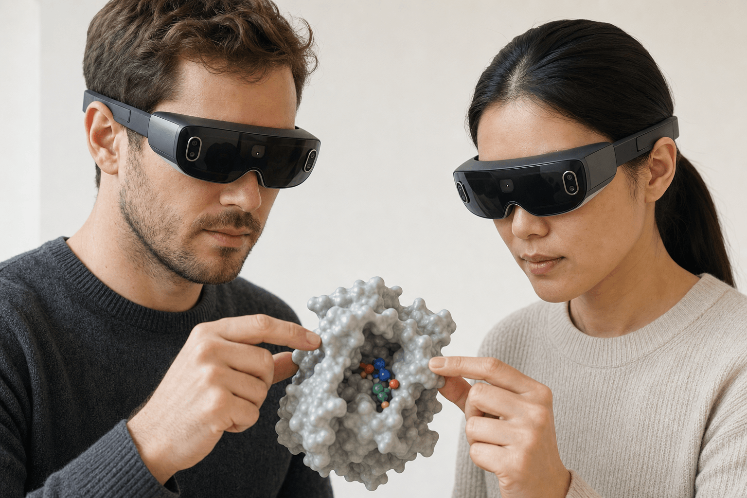 Two colleagues wearing ultra-thin VR headsets examine the same solid protein surface model with a small ligand visible in its binding pocket floating between them