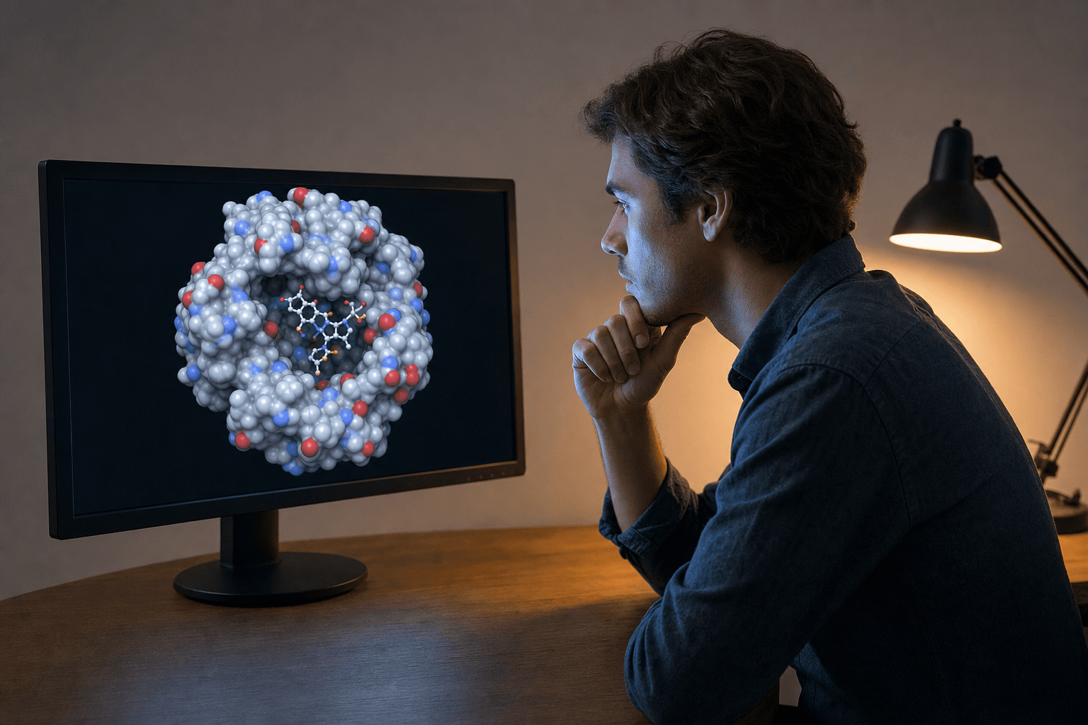A scientist studies a space-filling protein model on a large monitor, leaning forward in a quiet, simply furnished workspace.