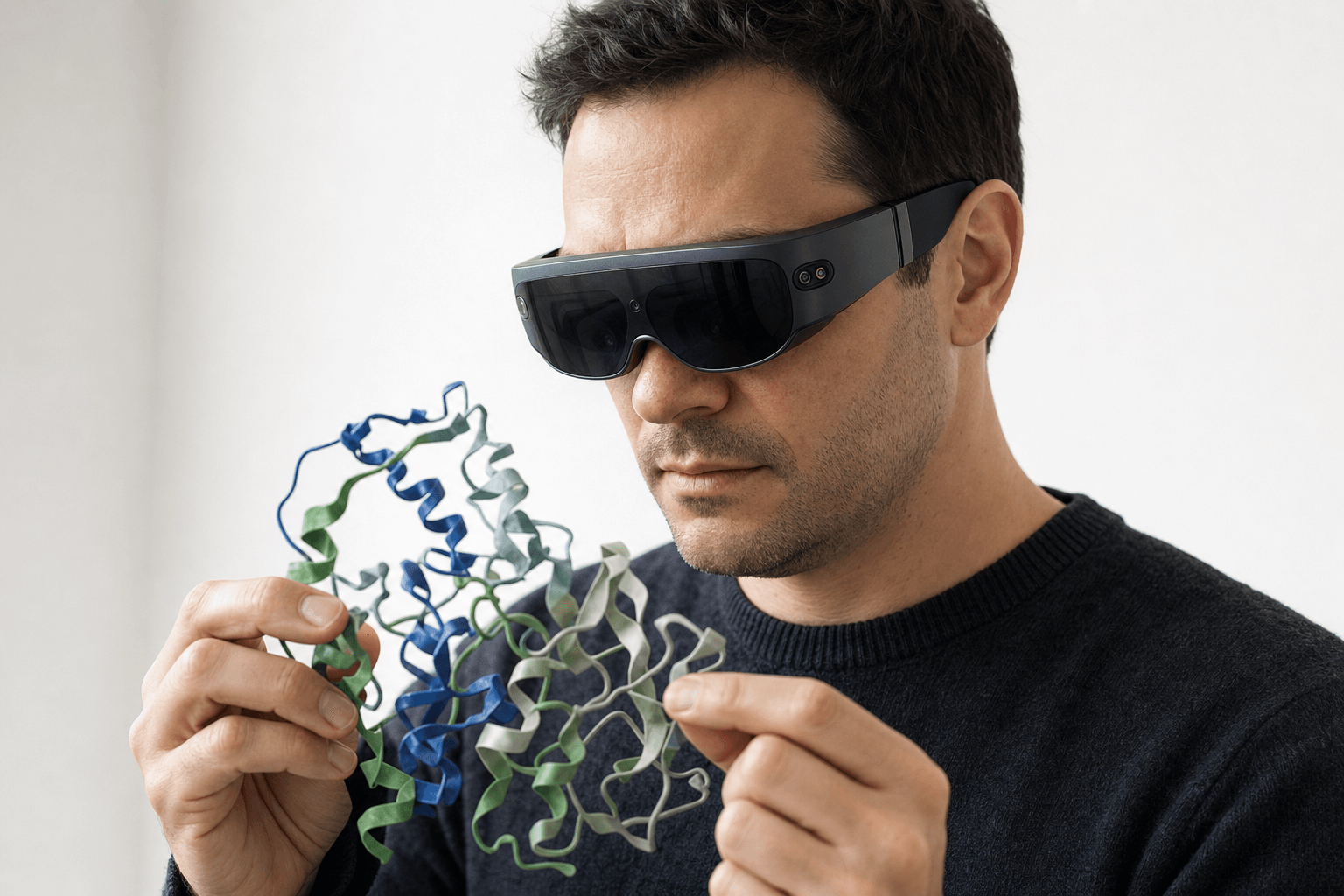 A researcher wearing an ultra-thin VR headset studies a ribbon-cartoon protein structure held close to the chest