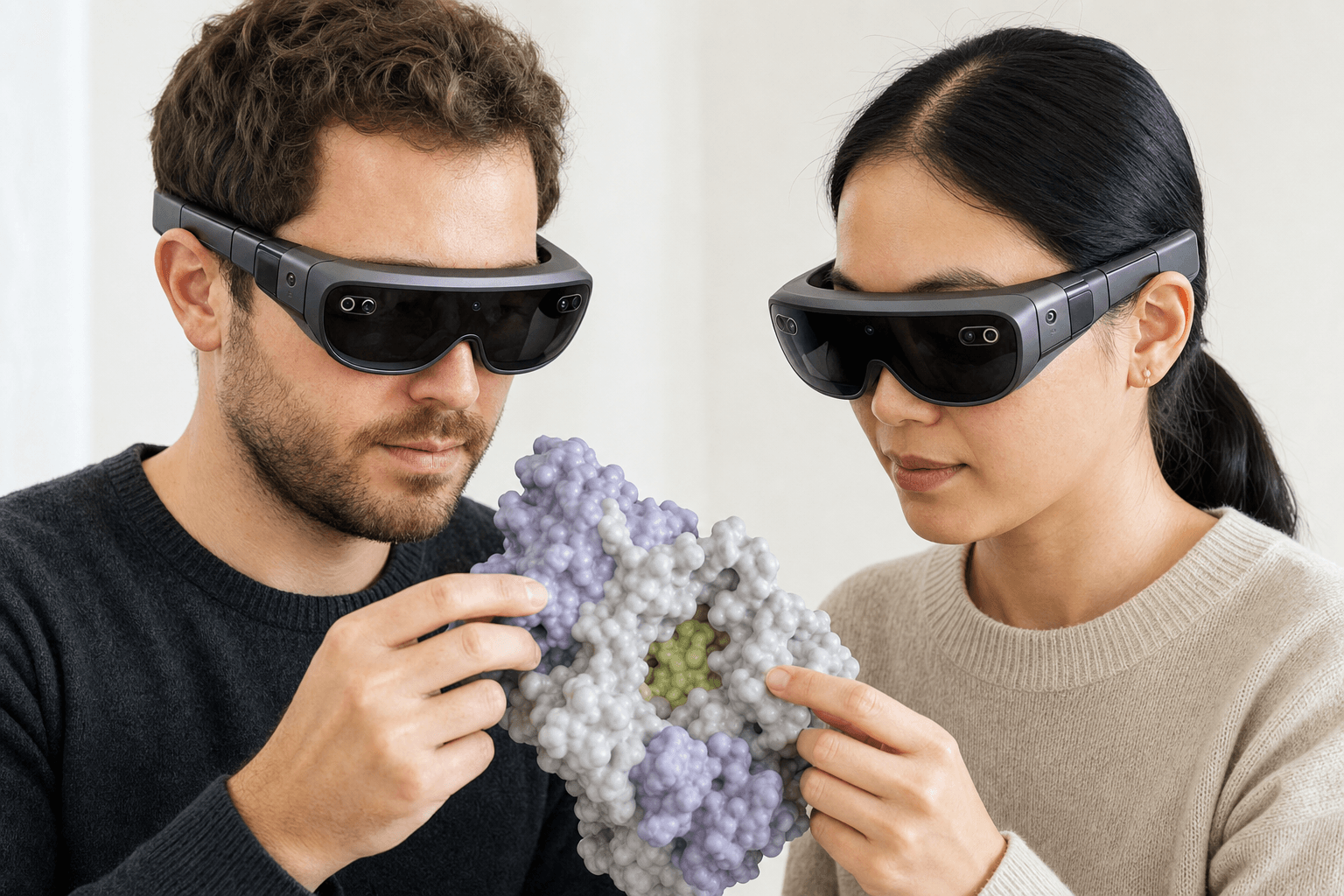 Two colleagues wearing ultra-thin VR headsets examine the same solid protein surface model with a visible binding pocket floating between them