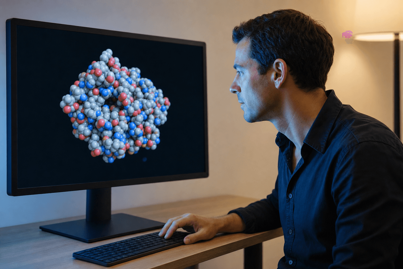 A researcher examines a space-filling protein structure on a large monitor in a quiet research office.