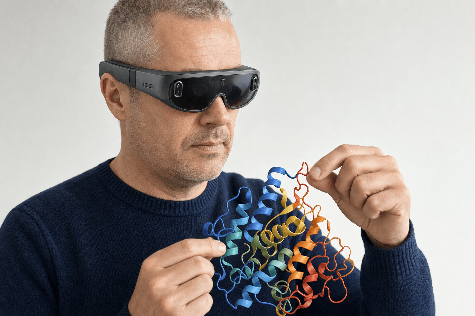A researcher wearing a slim VR headset turns a ribbon-cartoon protein structure floating at chest height in an open studio space, both hands engaged with the model.