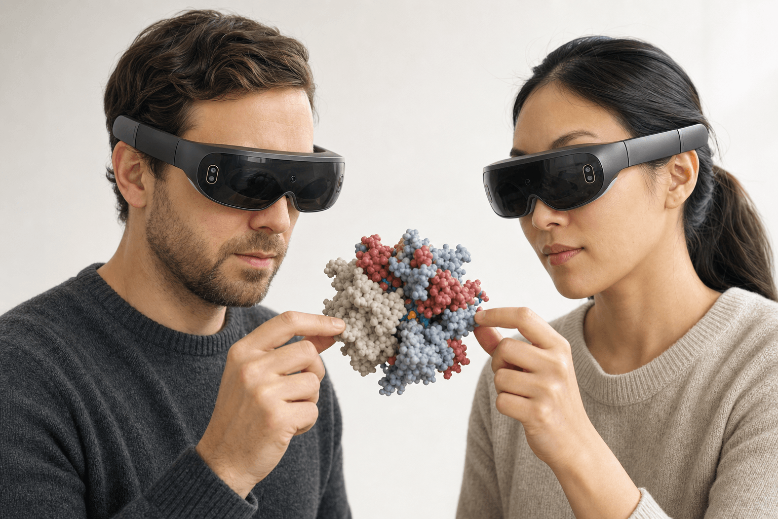 Two colleagues wearing ultra-thin VR headsets examine the same space-filling protein model floating between them