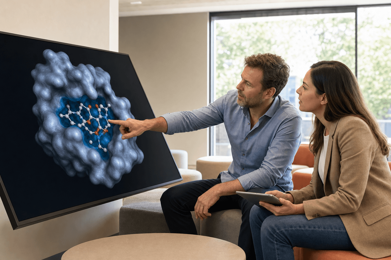 Two colleagues in a bright research lounge examine a protein-ligand surface model on a large display, one pointing at the binding pocket.