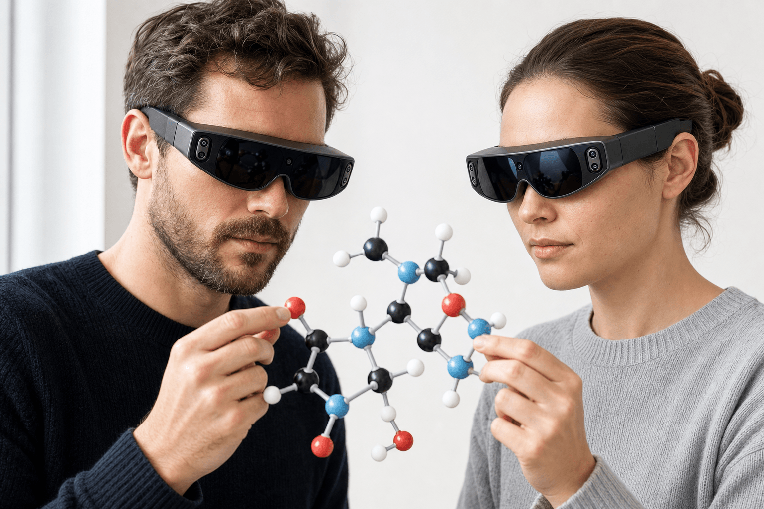 Two colleagues wearing ultra-thin VR headsets examine the same ball-and-stick molecular structure floating between them