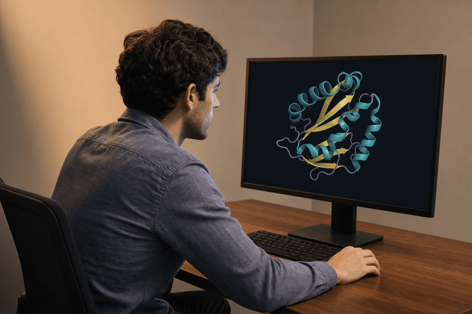 A researcher at a workstation studies a cartoon-ribbon protein structure on a large monitor in a quiet modern office.