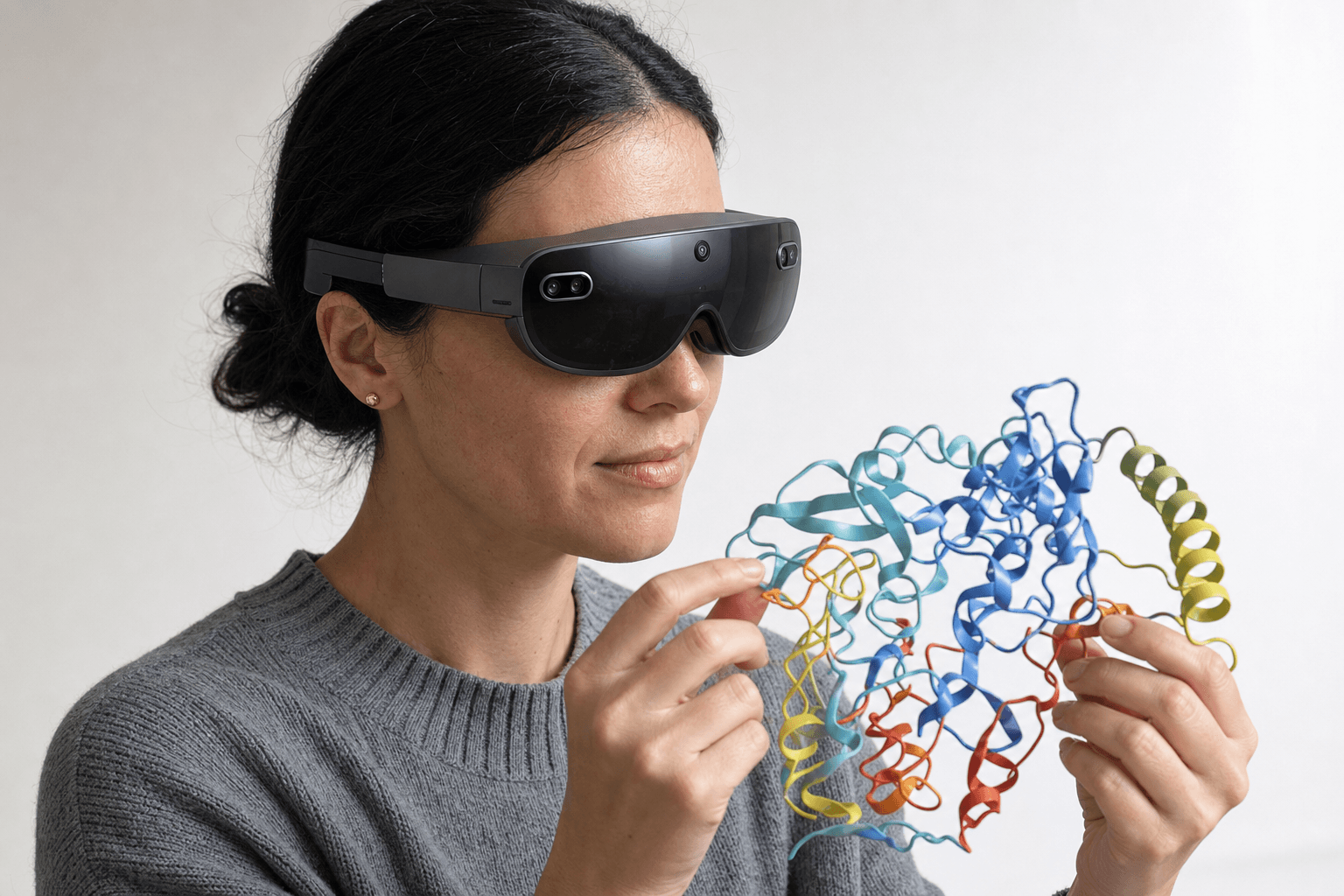 A researcher wearing an ultra-thin VR headset studies a ribbon-cartoon protein structure held close to the chest