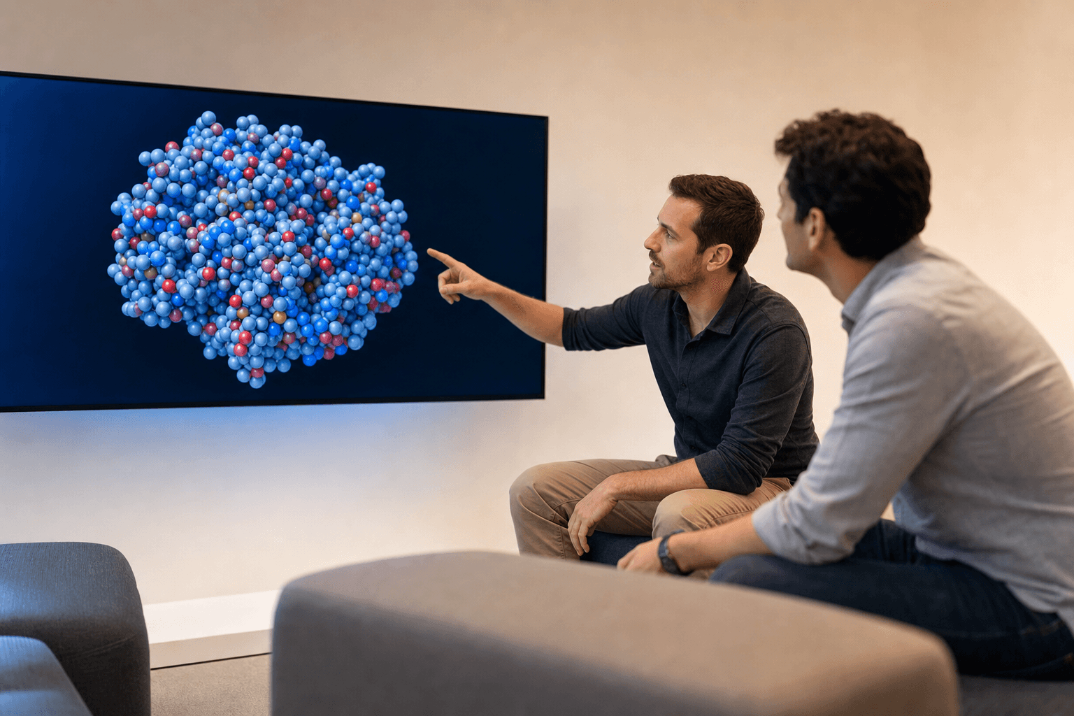 Two colleagues in a bright lounge area discuss a space-filling protein structure shown on a large flat display, both pointing toward the same region of the molecule.
