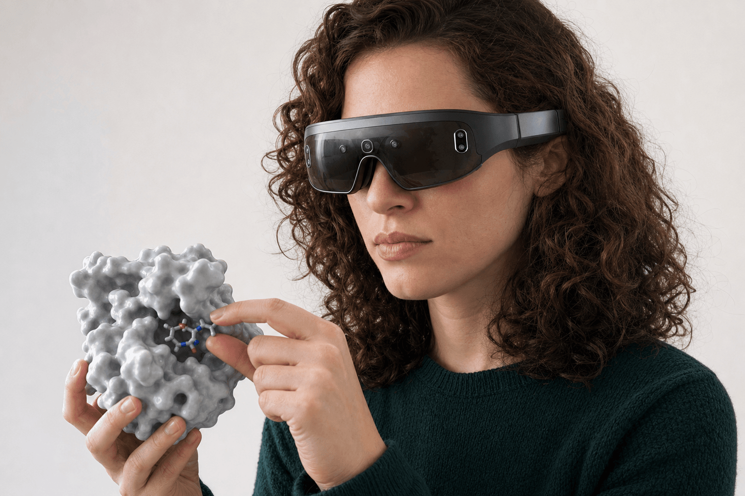 A researcher wearing an ultra-thin VR headset studies a solid protein surface model with a small ligand visible in its binding pocket held close to the chest