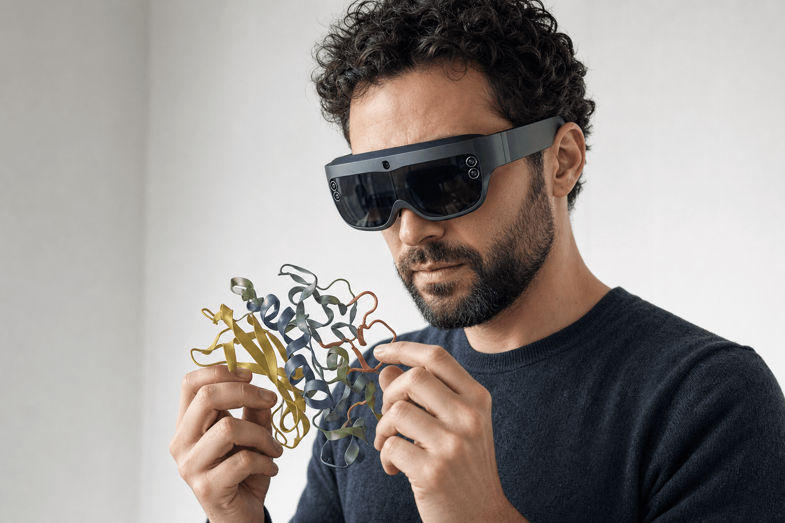 A researcher wearing an ultra-thin VR headset studies a ribbon-cartoon protein structure held close to the chest