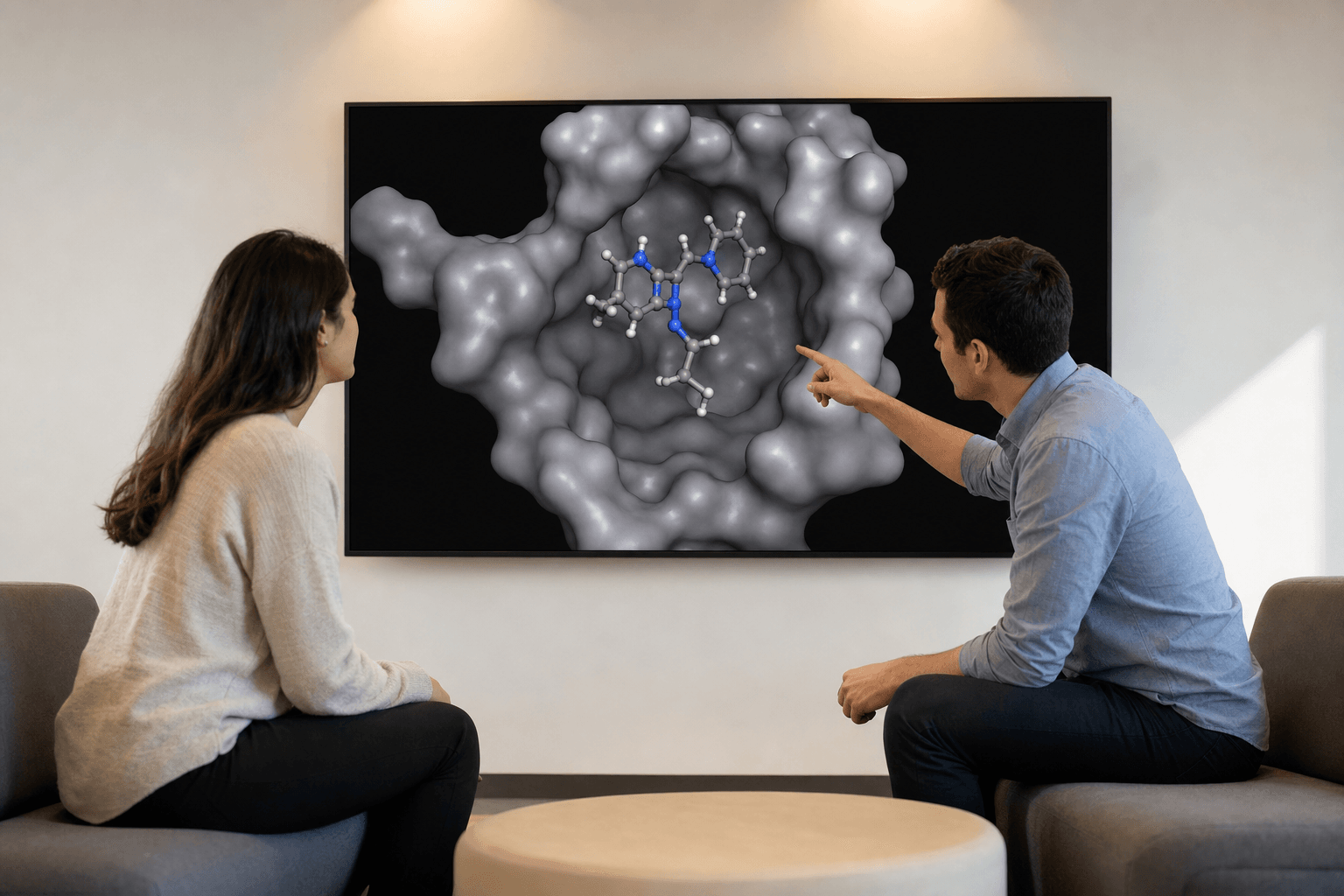 Two colleagues review a ligand docked into a protein binding pocket on a large wall display in a modern lounge.