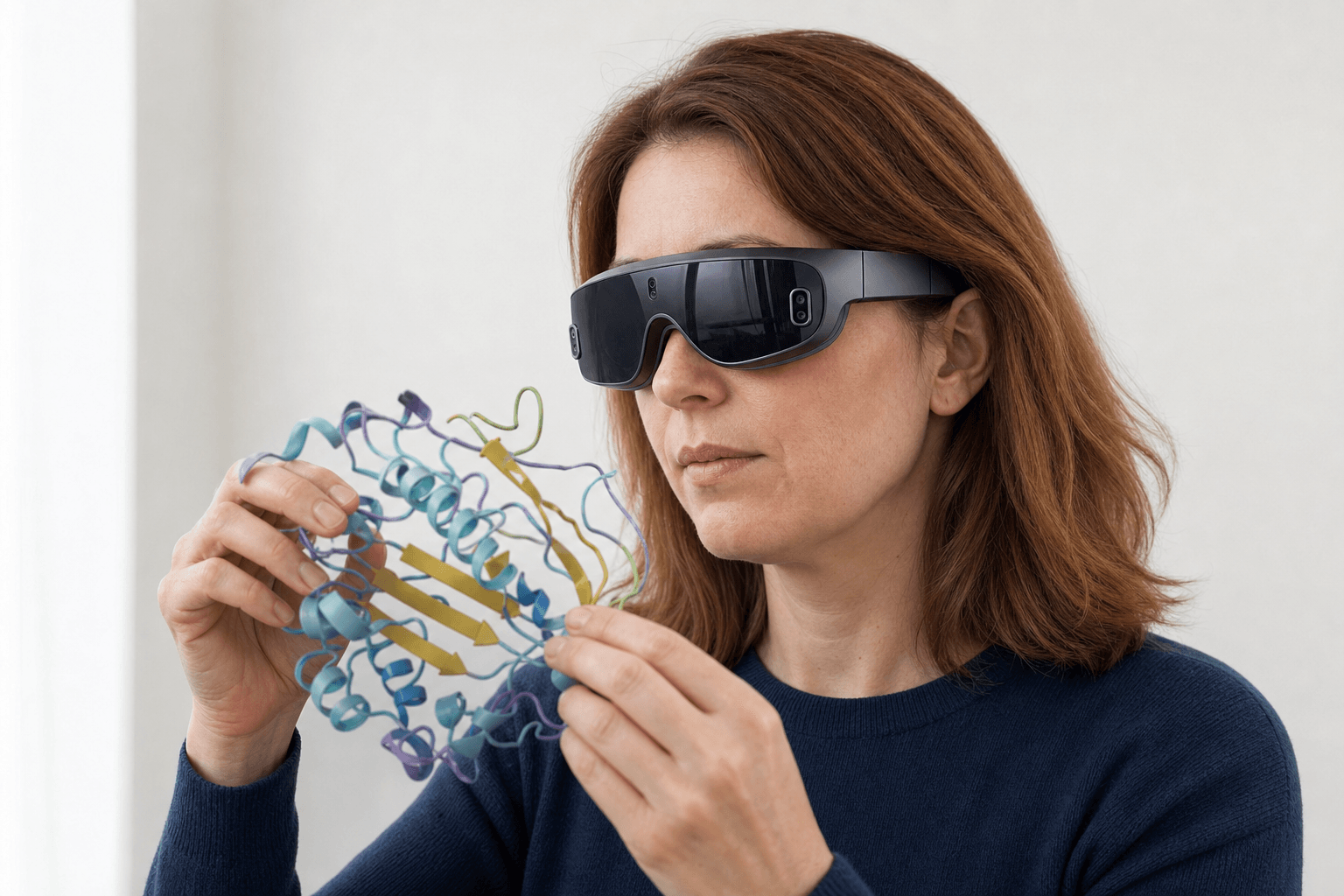 A researcher wearing an ultra-thin VR headset studies a ribbon-cartoon protein structure held close to the chest