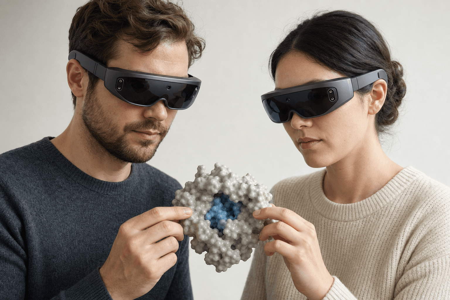 Two colleagues wearing ultra-thin VR headsets examine the same solid protein surface model with a visible binding pocket floating between them
