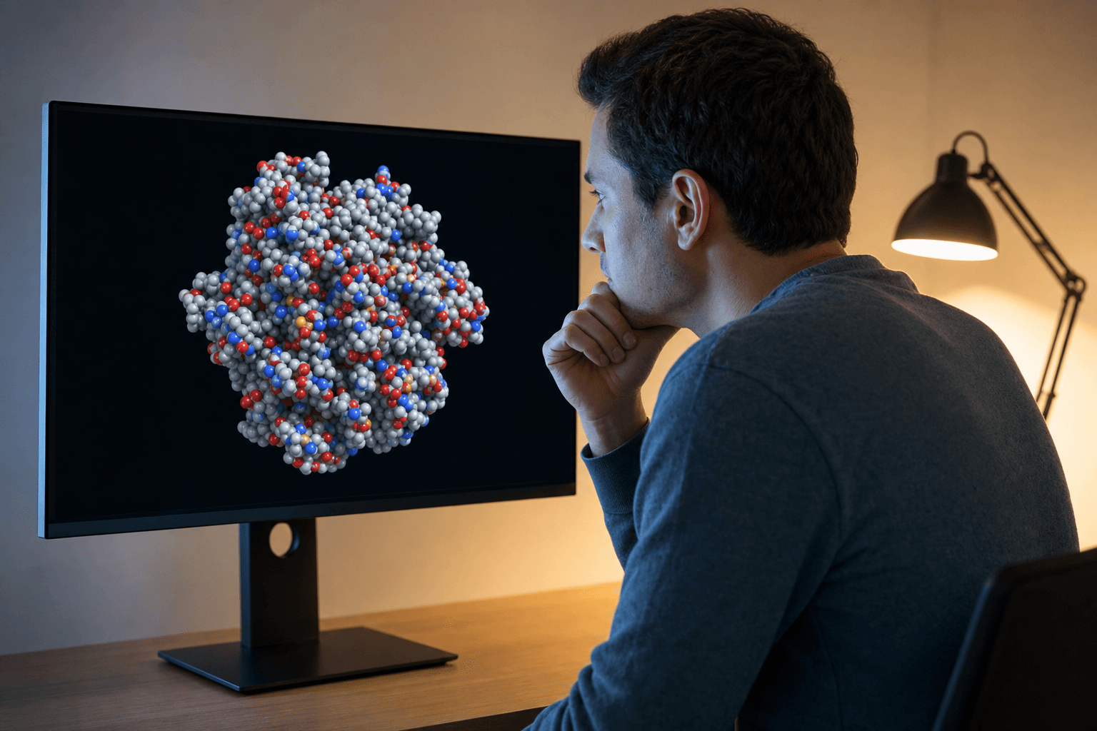 A researcher studies a space-filling protein structure on a large monitor in a warmly lit research office, considering which visualization tool best fits the task.