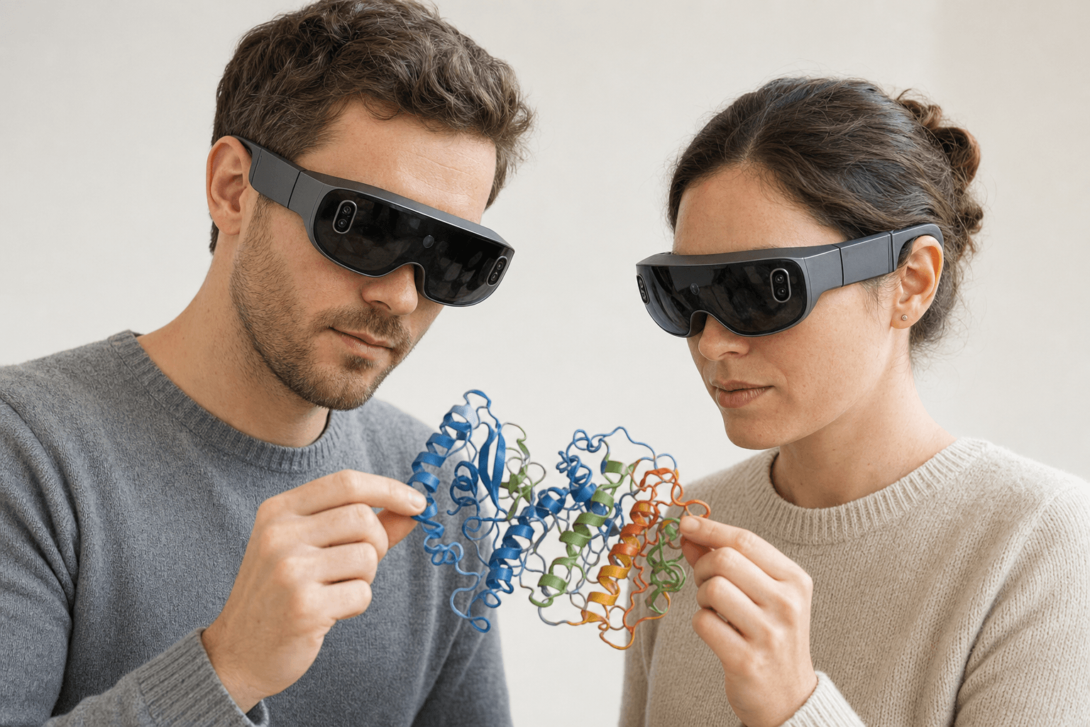 Two colleagues wearing ultra-thin VR headsets examine the same ribbon-cartoon protein structure floating between them