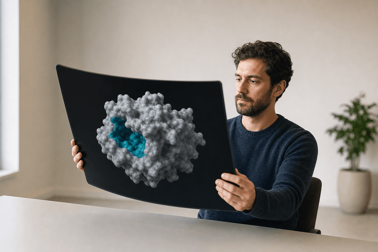 A computational chemist reviews a molecular surface structure with a binding pocket on a large curved display in a quiet office.