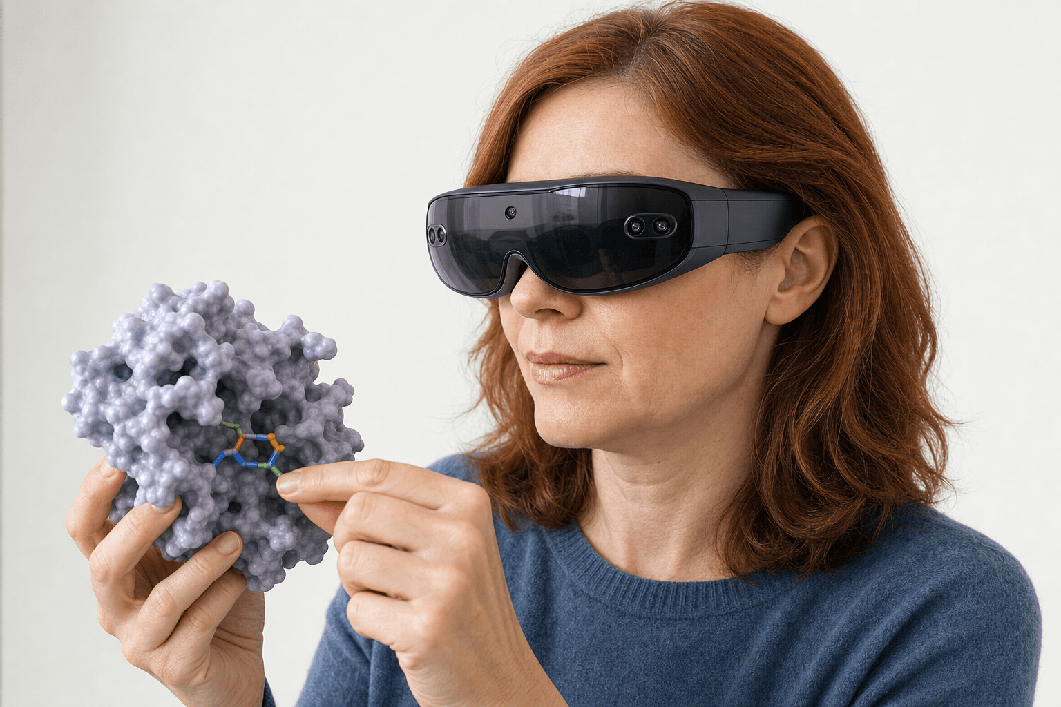 A researcher wearing an ultra-thin VR headset studies a solid protein surface model with a small ligand visible in its binding pocket held close to the chest