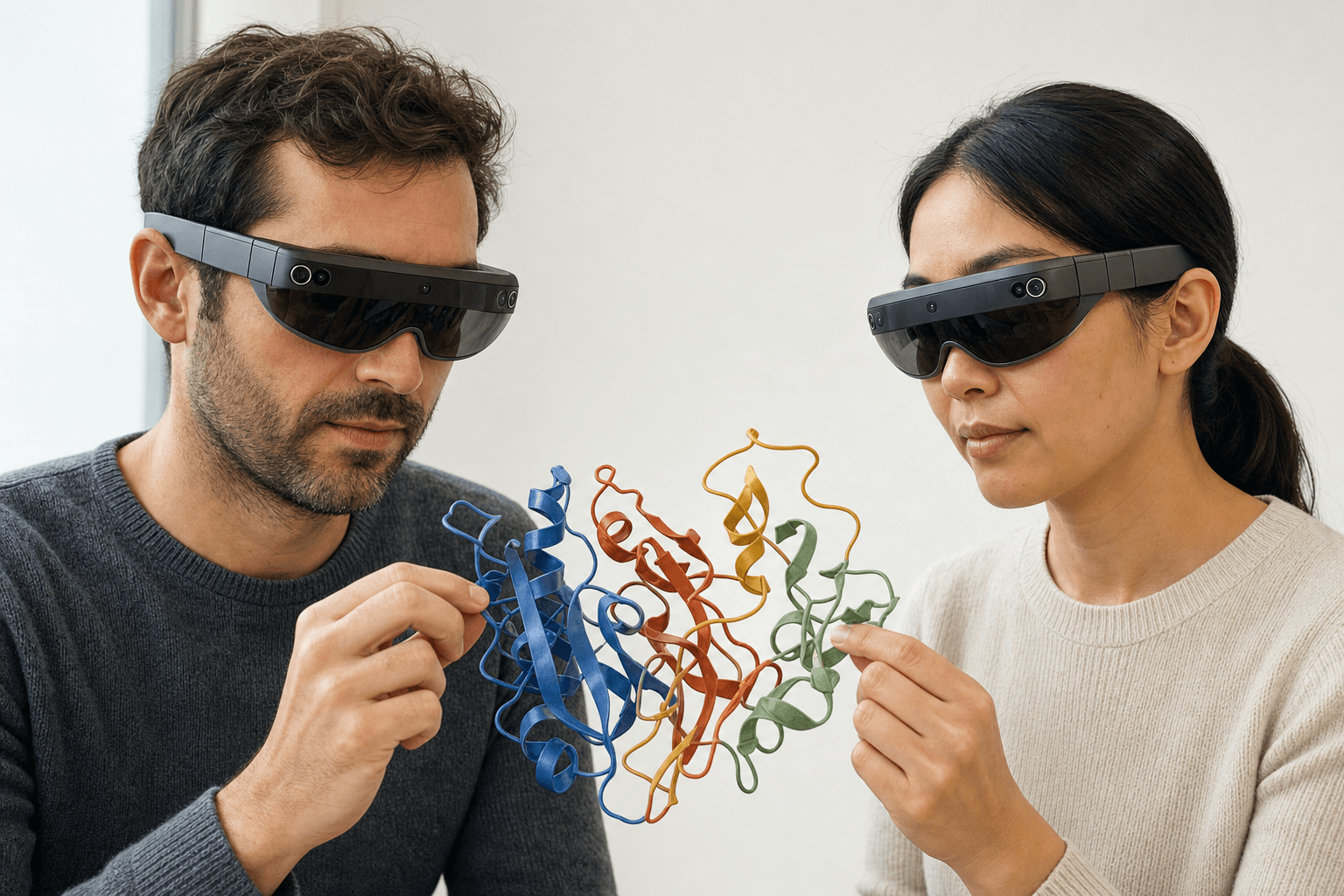 Two colleagues wearing ultra-thin VR headsets examine the same ribbon-cartoon protein structure floating between them