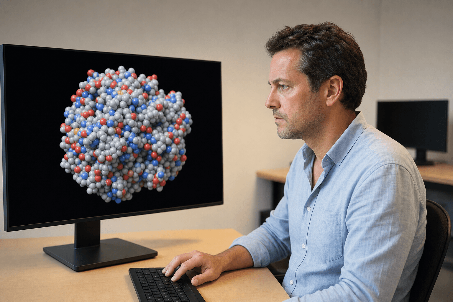 A researcher at a plain desk studies a space-filling protein model on a large monitor in a quiet computational office.