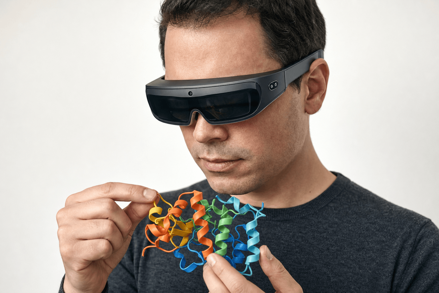 A researcher wearing an ultra-thin VR headset studies a ribbon-cartoon protein structure held close to the chest