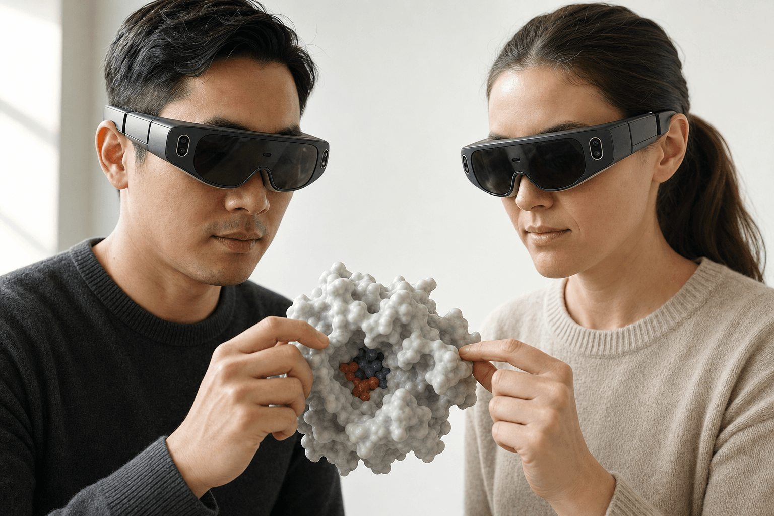 Two colleagues wearing ultra-thin VR headsets examine the same solid protein surface model with a visible binding pocket floating between them
