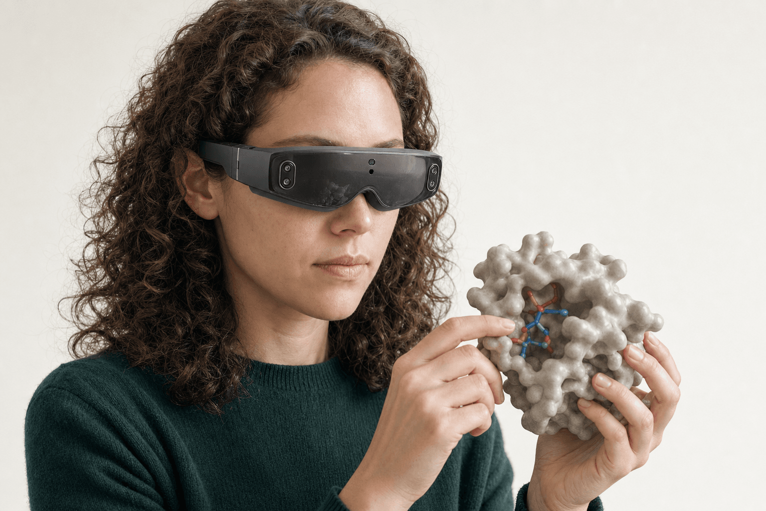 A researcher wearing an ultra-thin VR headset studies a solid protein surface model with a small ligand visible in its binding pocket held close to the chest