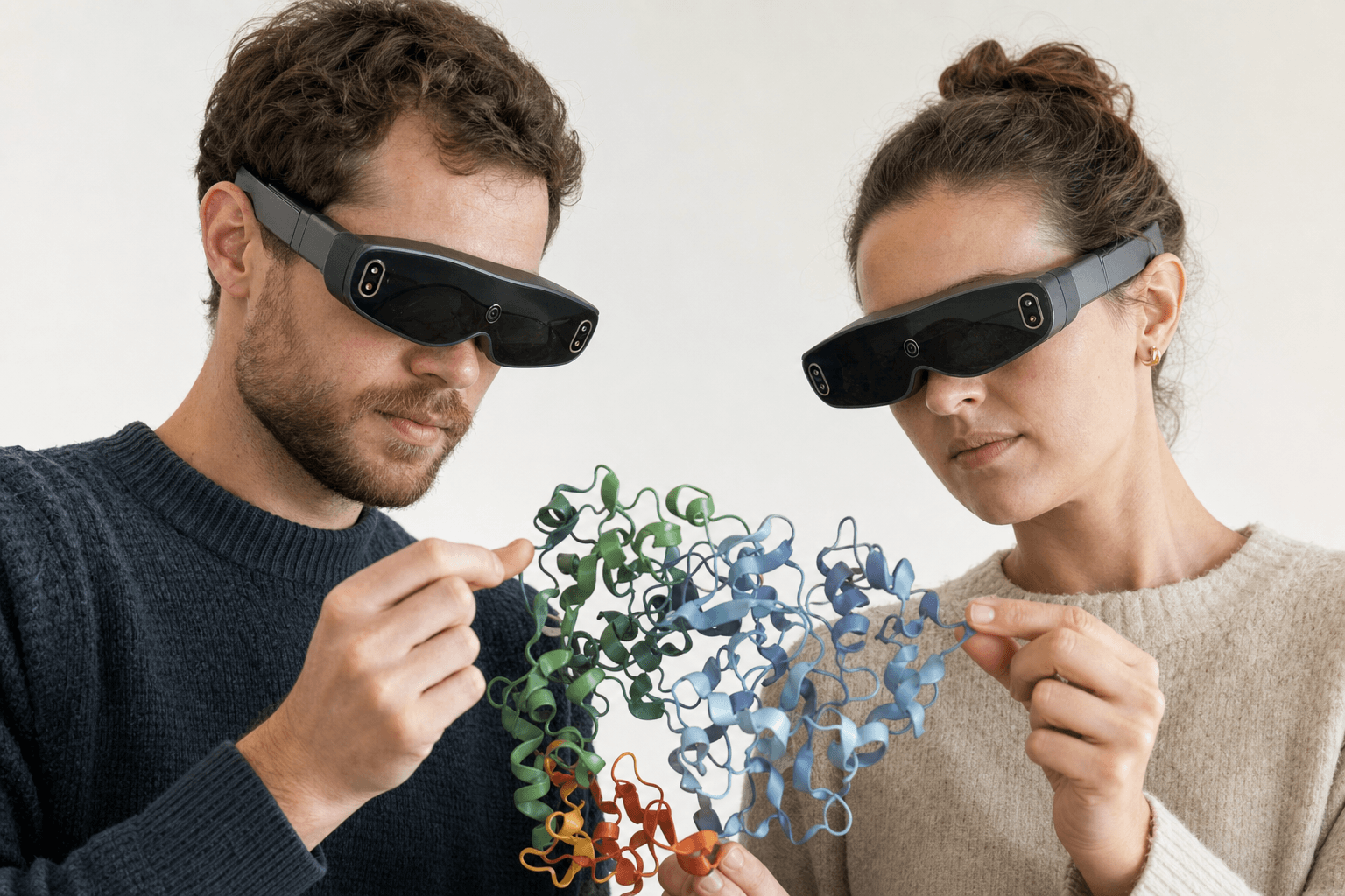 Two colleagues wearing ultra-thin VR headsets examine the same ribbon-cartoon protein structure floating between them