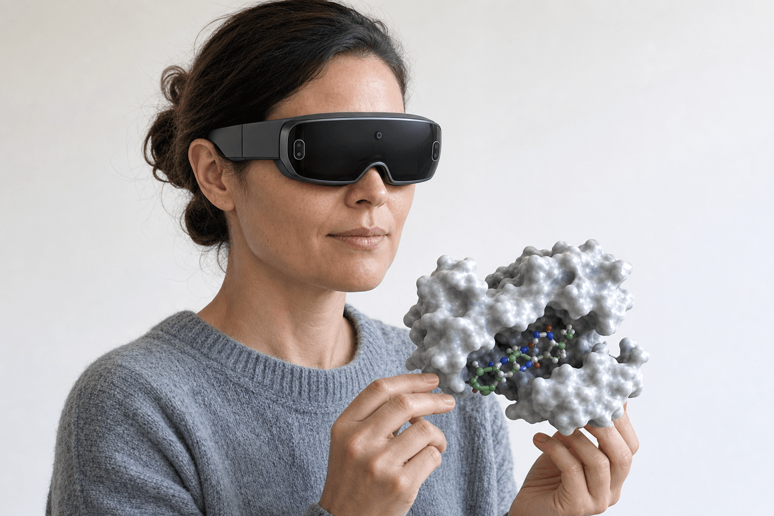 A medicinal chemist wearing an ultra-thin VR headset turns a protein-ligand surface model floating just in front of her chest in a bright open studio.