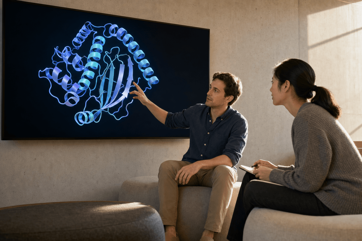Two colleagues in a research lounge discuss a protein ribbon structure shown on a wall display, representing how Nanome sits alongside existing computational tools.