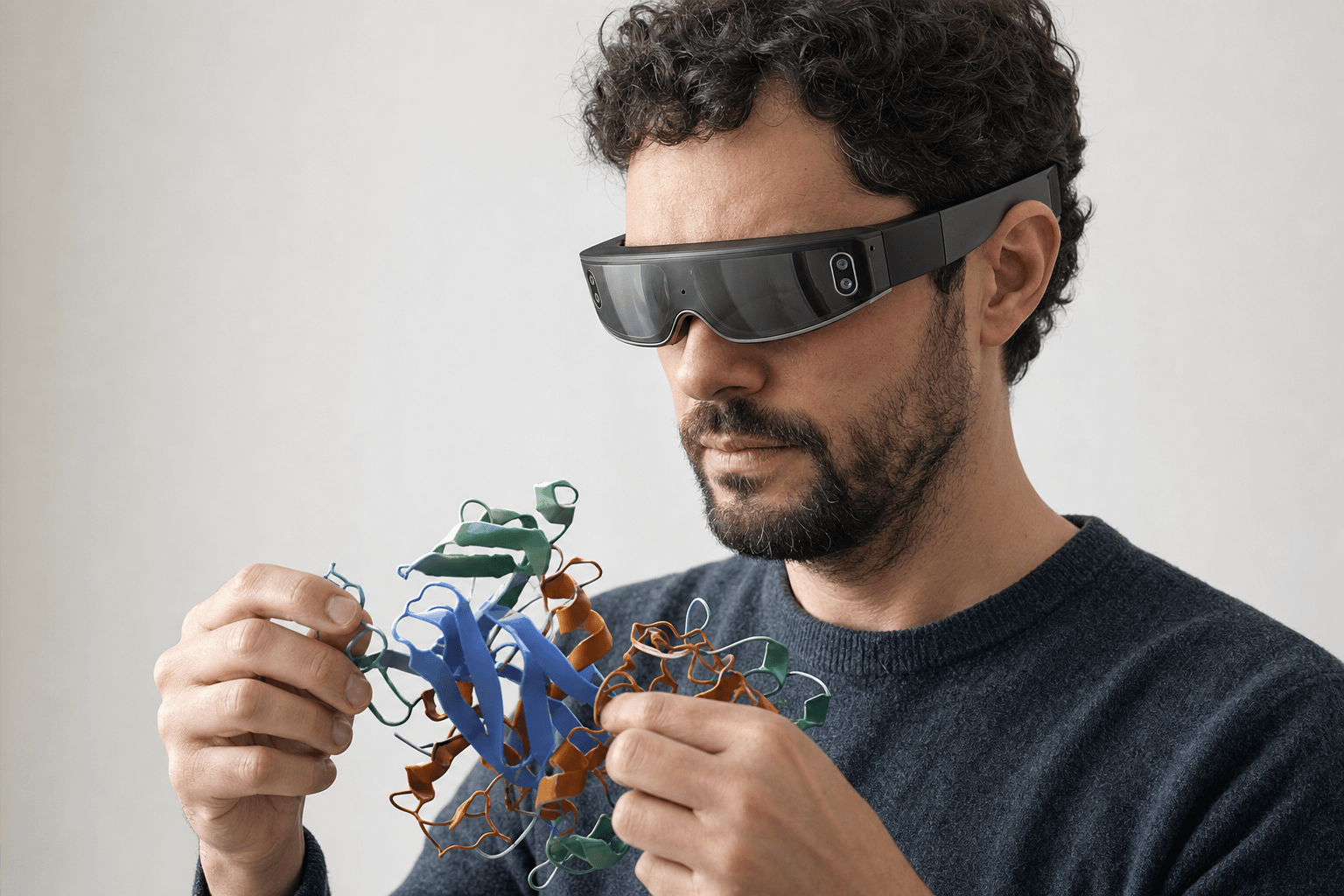 A researcher wearing an ultra-thin VR headset studies a ribbon-cartoon protein structure held close to the chest