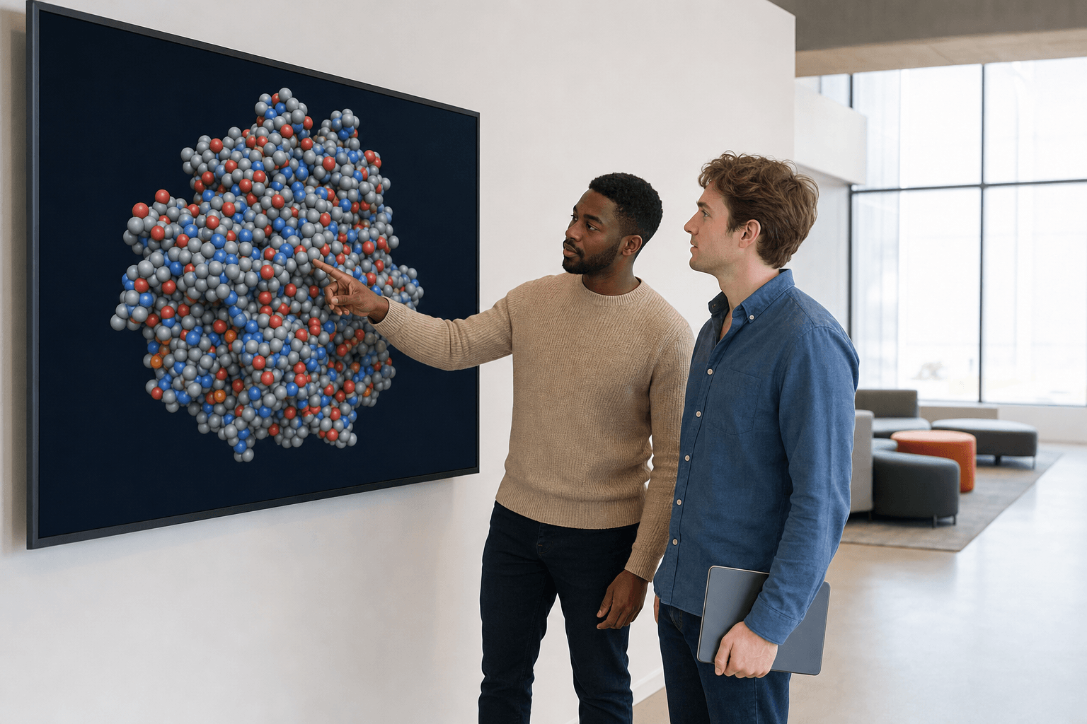 Two colleagues in casual professional attire discuss a space-filling protein structure on a large wall display in a modern research lounge.