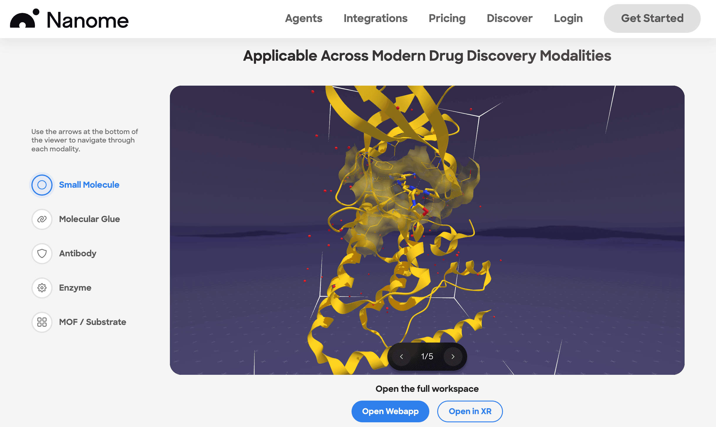 Nanome web workspace embedded on homepage