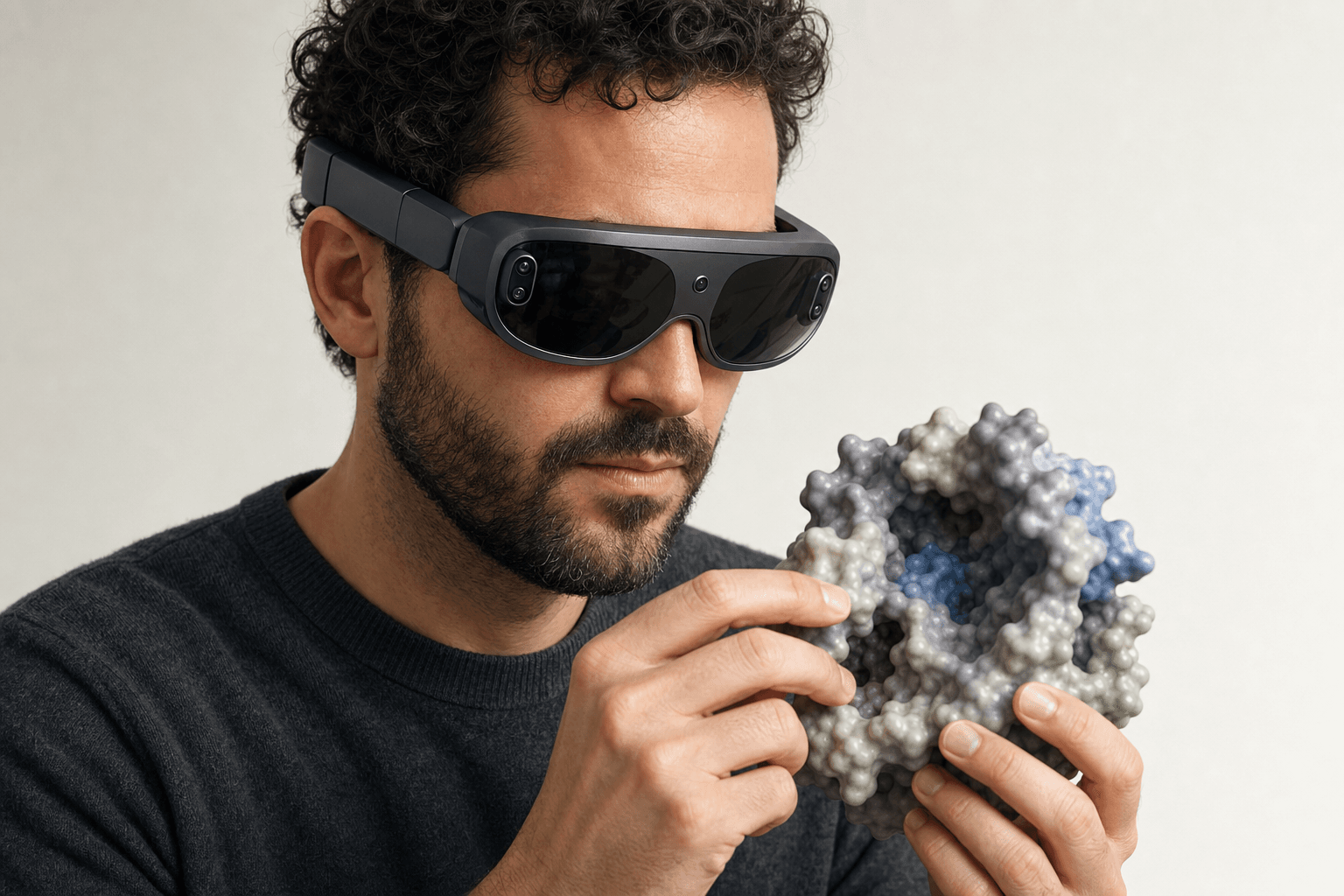 A researcher wearing an ultra-thin VR headset studies a solid protein surface model with a visible binding pocket held close to the chest