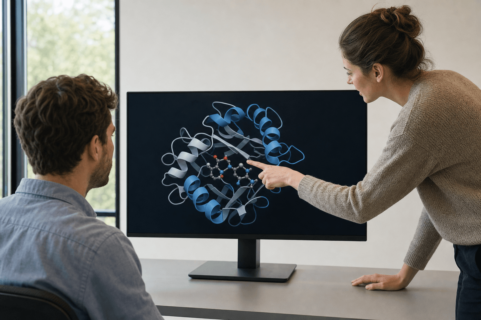 Two colleagues review a ribbon-cartoon protein structure together on a large monitor in a sunlit research office.